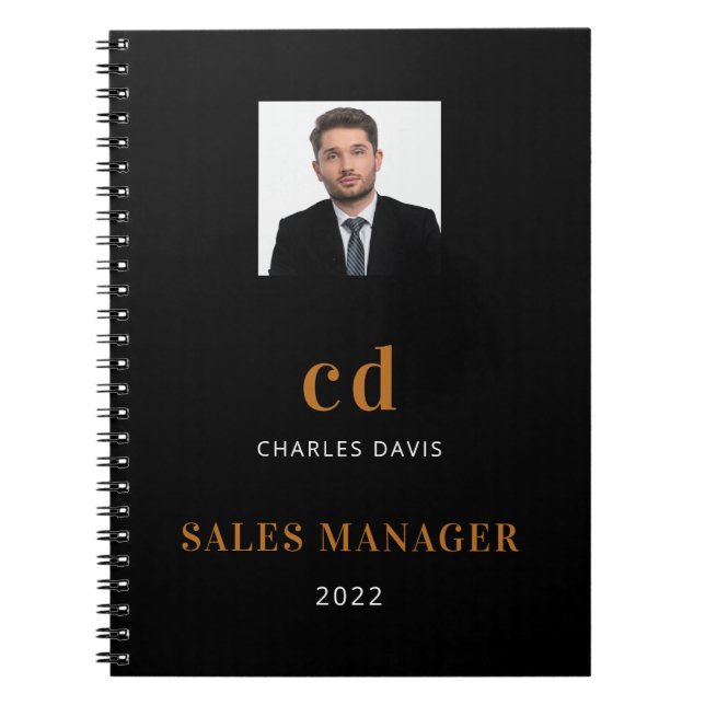 Black gold name initials photo business notebook (Front)
