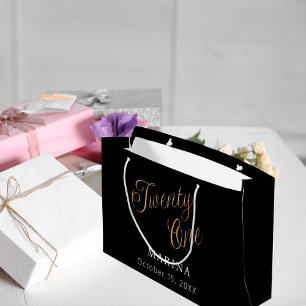 Black gold name script 21st birthday large gift bag