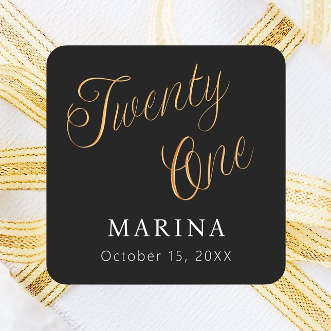Black gold name script 21st birthday square sticker (Creator Uploaded)