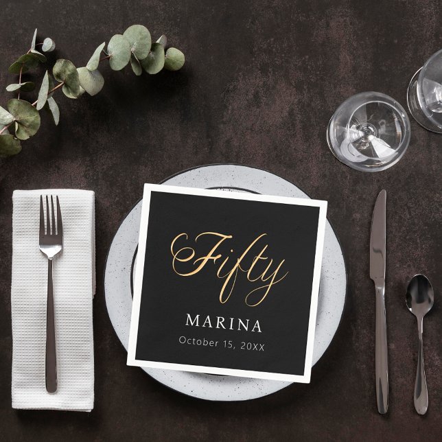 Black gold name script 50th birthday napkin (Creator Uploaded)