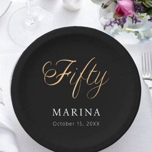 Black gold name script 50th birthday paper plate