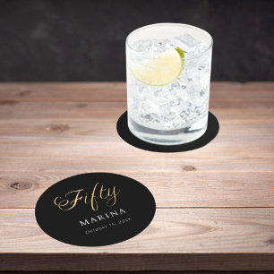 Black gold name script 50th birthday round paper coaster