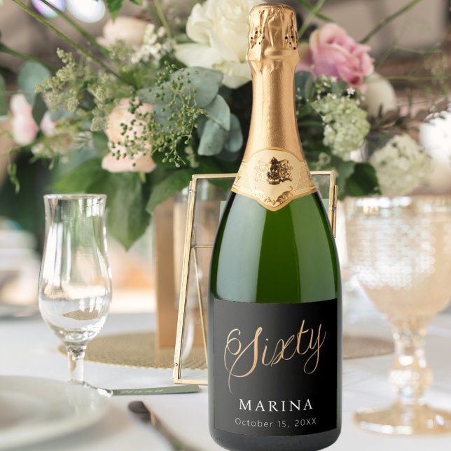 Black gold name script 60th birthday sparkling wine label (Creator Uploaded)