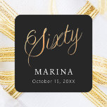 Black gold name script 60th birthday square sticker<br><div class="desc">Black background. Sixty written with a faux gold script.  Personalize and add a name and date.  White text.</div>
