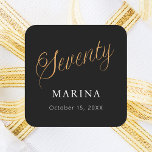 Black gold name script 70th birthday square sticker<br><div class="desc">Black background. Seventy is written with a faux gold script.  Personalize and add a name and date.  White text.</div>