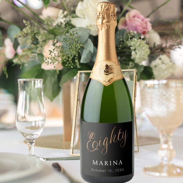 Black gold name script 80th birthday sparkling wine label (Creator Uploaded)