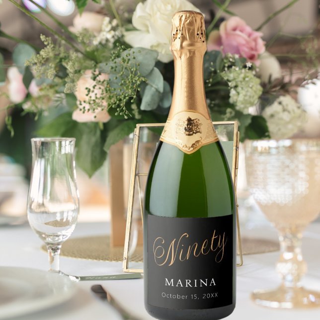 Black gold name script 90th birthday sparkling wine label (Creator Uploaded)