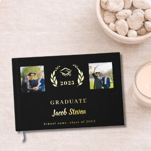 Black gold name script photo Graduation Guest Book