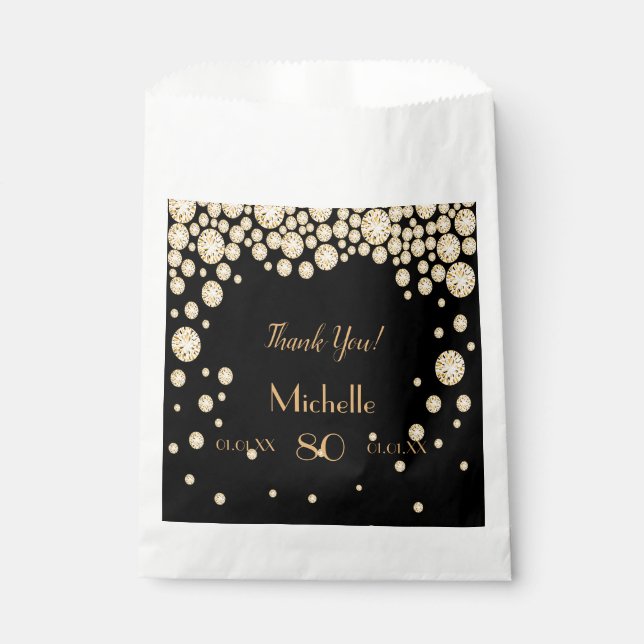 Black gold name thank you 80th birthday favour bag (Front)