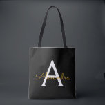 Black Gold Name White Girly Script Monogram Modern Tote Bag<br><div class="desc">Black and Gold Elegant Add Your Own Name Monogram Book Bag. This Book Bag can be customized to include your initial and first name and given as a gift for Christmas,  Sweet 16 Birthday,  Bridal Shower or a Wedding.</div>