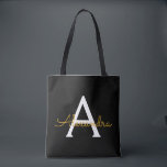 Black Gold Name White Girly Script Monogram Modern Tote Bag<br><div class="desc">Black and Gold Elegant Add Your Own Name Monogram Book Bag. This Book Bag can be customized to include your initial and first name and given as a gift for Christmas,  Sweet 16 Birthday,  Bridal Shower or a Wedding.</div>