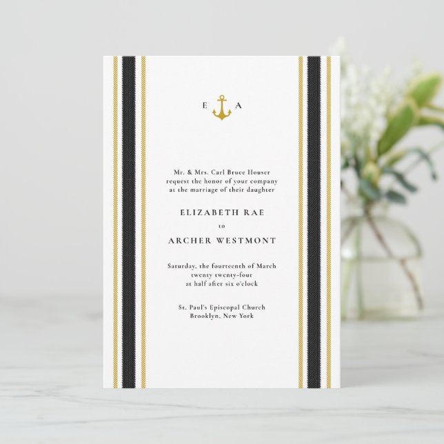 Black Gold Nautical Stripes Coastal Wedding Invitation (Standing Front)