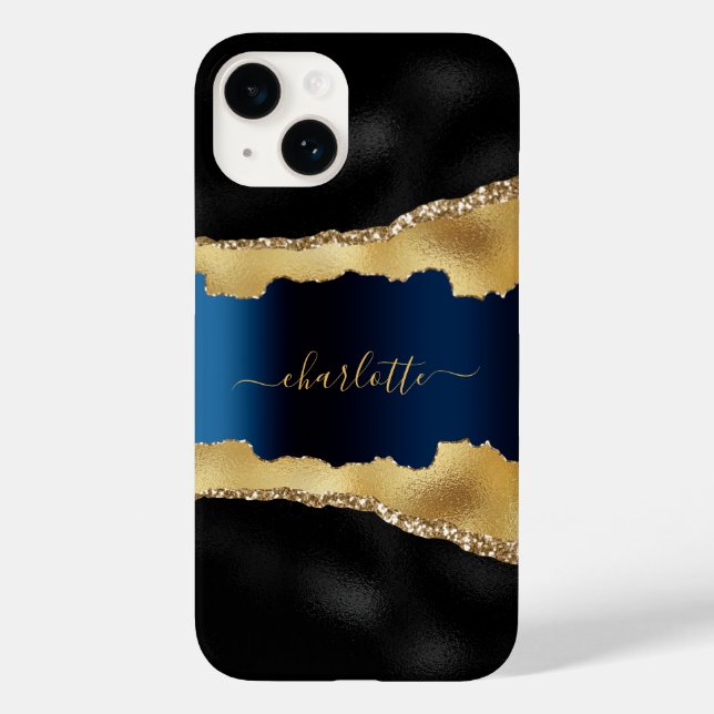 Black gold navy blue agate marble name script Case-Mate iPhone case (Back)