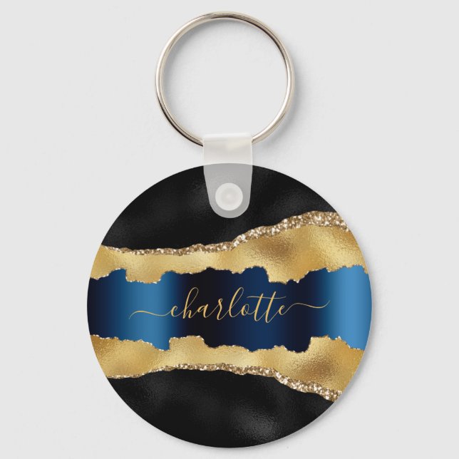 Black gold navy blue agate marble name script  keychain (Front)