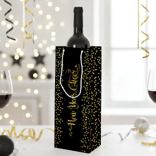 Black Gold New Year Cheer Script Snowflakes Modern Wine Gift Bag