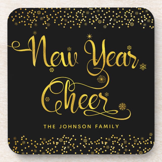 Black Gold New Year Cheer Snowflakes Confetti Name Coaster (Front)