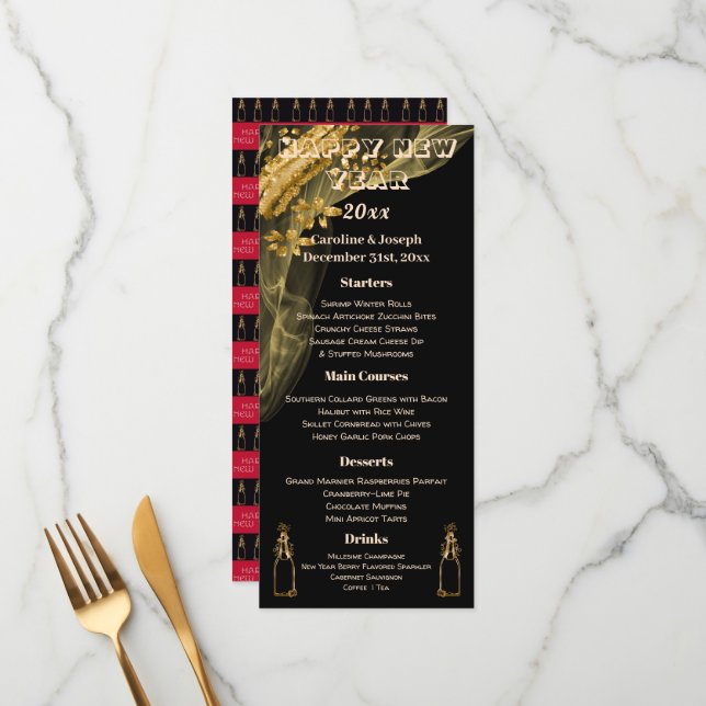 Black & Gold New Year Menu & Bubbly Champagne (Front/Back In Situ)