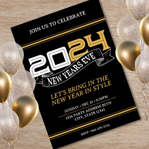 Black & Gold New Years Eve Party Banner 2024 Invitation