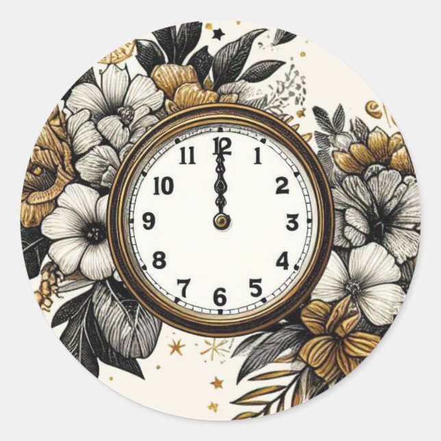Black & Gold New Years Eve Wedding Classic Round Sticker (Front)