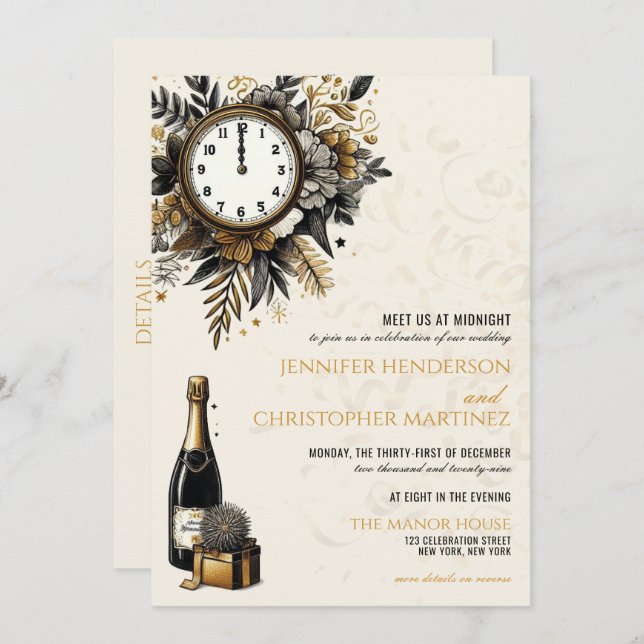 Black & Gold New Years Eve Wedding Invitation (Front/Back)