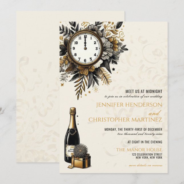 Black & Gold New Years Eve Wedding Invitation (Front/Back)