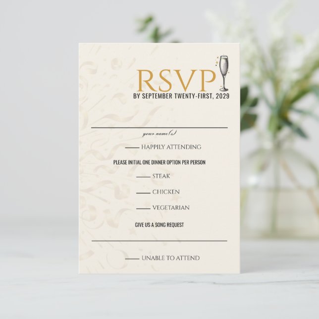 Black & Gold New Years Eve Wedding RSVP Card (Standing Front)