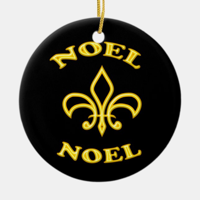 Black Gold Noel Fleur de Lis Ceramic Ornament (Front)