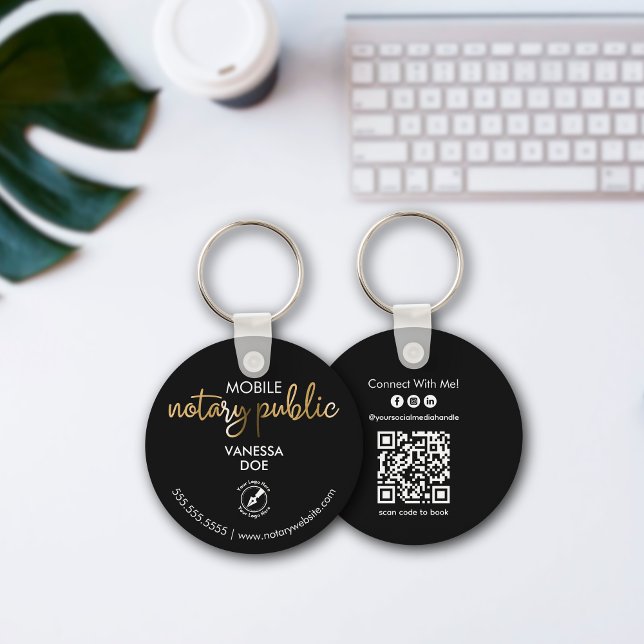 Black & Gold Notary QR Code Logo Business Promo Keychain (Creator Uploaded)