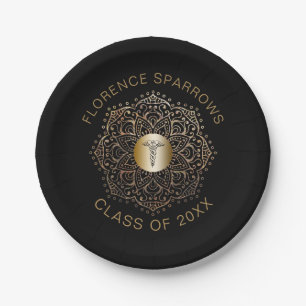 Black Gold Nurse Graduation Caduceus Symbol Paper Plate