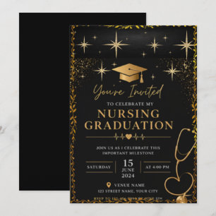 Black Gold Nursing Graduation Invitation Elegant M