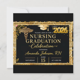 Black Gold Nursing Graduation Invitation   Luxury 