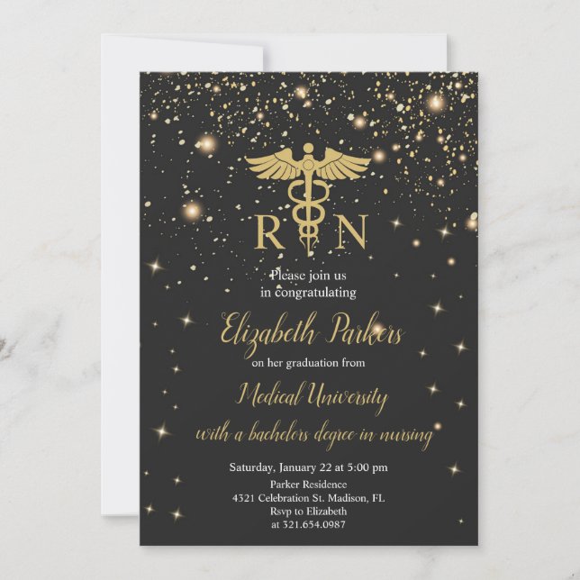 Black Gold Nursing Graduation Party Invitation (Front)