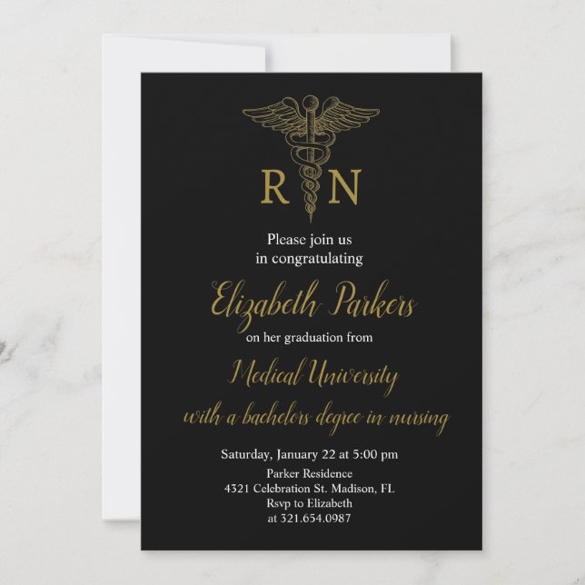 Black Gold Nursing Graduation Party Invitation (Front)