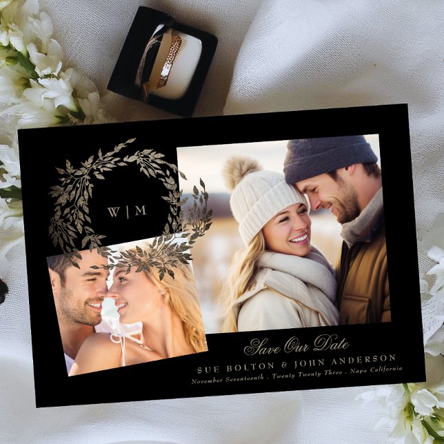 Black Gold on Ebony Wreath Monogram Photo Wedding Save The Date (Creator Uploaded)