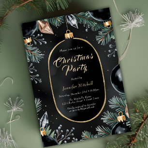 Black Gold Ornaments Modern Christmas Party Invitation