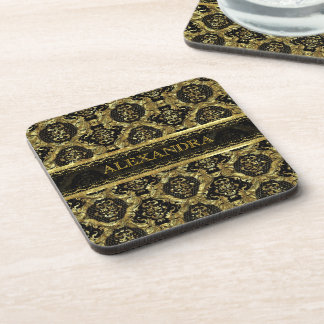 Black & Gold Ornate Baroque Design-Monogram Coaster
