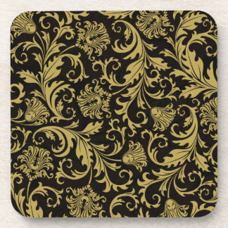 Black & Gold Ornate Floral Damask Design Pattern Coaster
