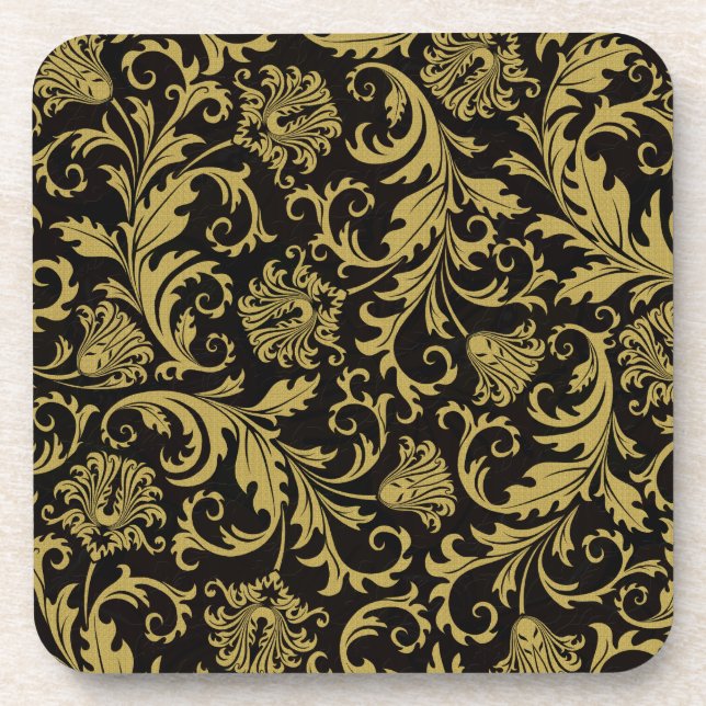 Black & Gold Ornate Floral Damask Design Pattern Coaster (Front)