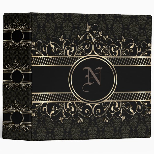 Black & Gold Ornate Gothic Monogrammed Binder (Front/Spine)