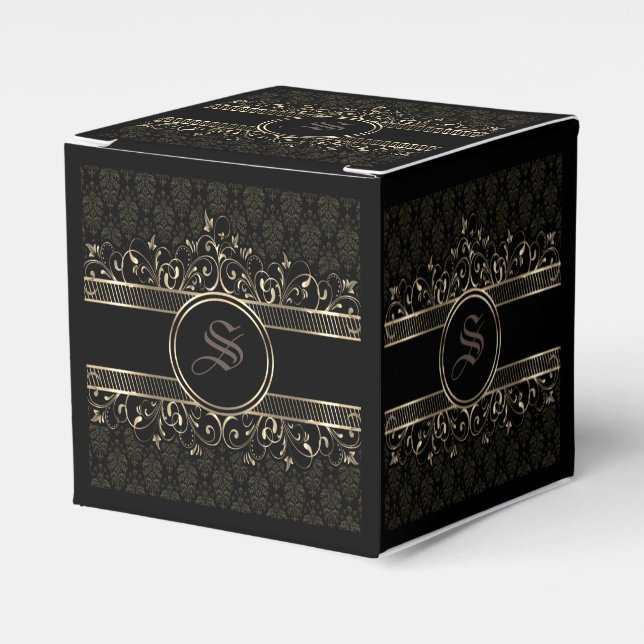 Black & Gold Ornate Gothic Monogrammed  Favour Box (Front Side)