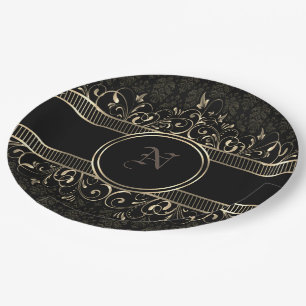 Black & Gold Ornate Gothic Monogrammed Paper Plate