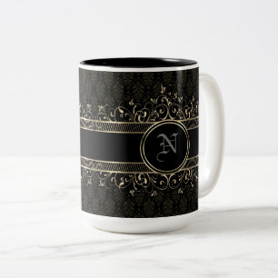 Black & Gold Ornate Gothic Monogrammed   Two-Tone Coffee Mug