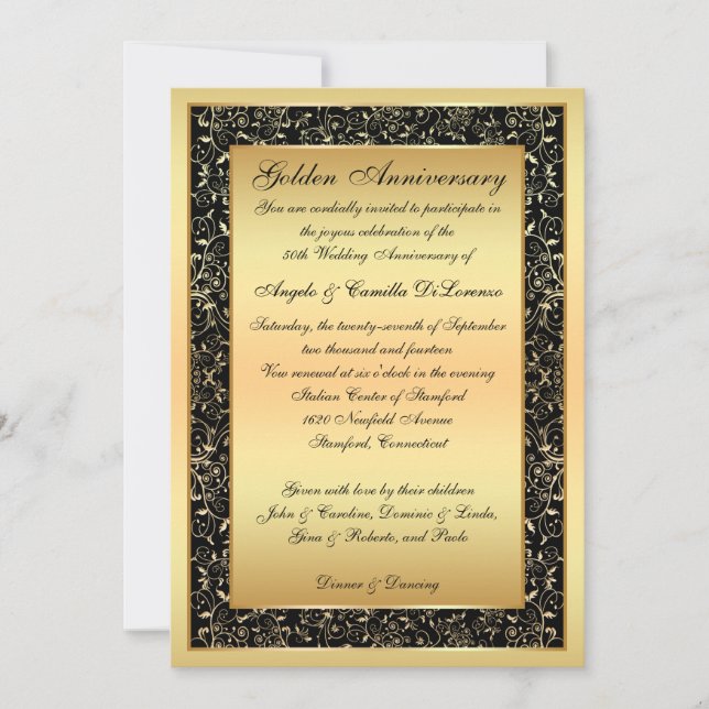 Black, Gold Ornate Scrolls 50th Anniversary Invite (Front)