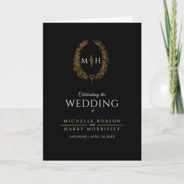 Black gold oval leaf monogram art wedding program (Front)