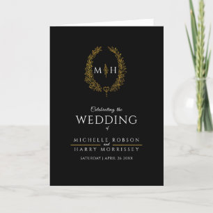 Black gold oval leaf monogram art wedding program