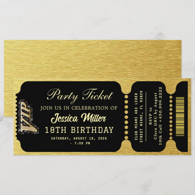 Black & Gold Party Ticket Invitation (Front/Back)
