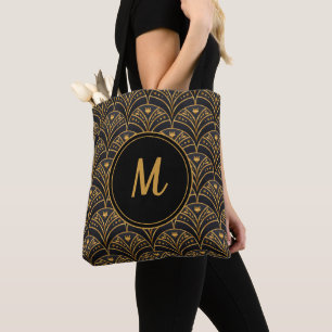 Black Gold Pattern Art Deco Monogram Personalize Tote Bag