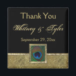 Black, Gold Peacock Feather Wedding Favour Magnet<br><div class="desc">This black and gold peacock feather wedding favour thank you magnet matches the wedding invitation shown below. The text is customizable. If you require any other matching items in this design,  please email your request to niteowlstudio@gmail.com.</div>