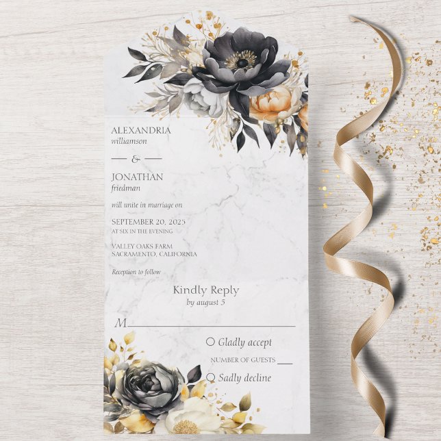 Black & Gold Peonies on Marble All In One Invitation (Creator Uploaded)