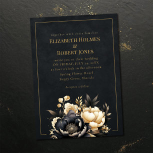 Black & Gold Peony Gothic Wedding Invitation